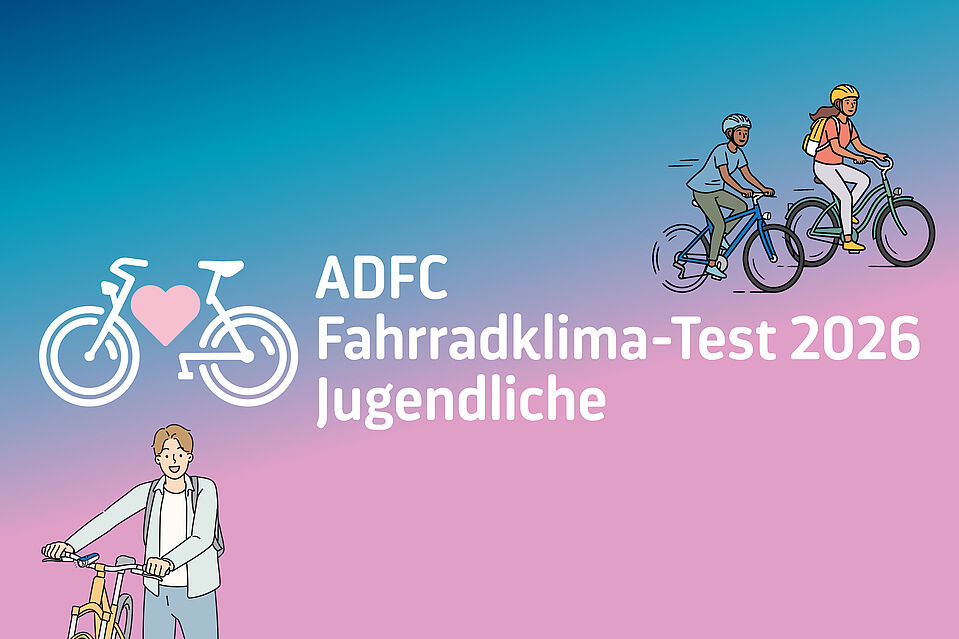 Fahrradklima-Test 2026 Jugendliche Artikelvorschau Illustrationen Illustration mit Stadtumriss, Häusern und drei Jugendlichen: Zwei fahren Fahrrad, eine Person steht neben ihrem Rad. Daneben steht «ADFC Fahrradklima-Test 2026 Jugendliche